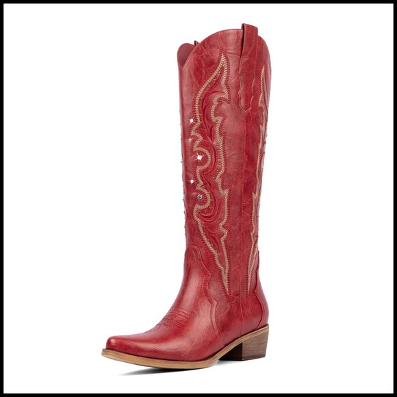 Shoes - Knee High Cowboy Boots with Embroidered Rhinestones Chunky Heel